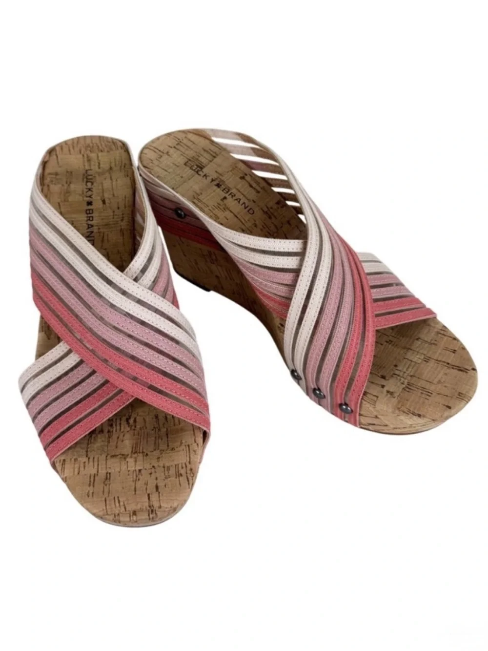 Lucky Brand Womens Mykayla Pink‎ Striped Elastic Strappy Cork Wedge Sandals 6.5